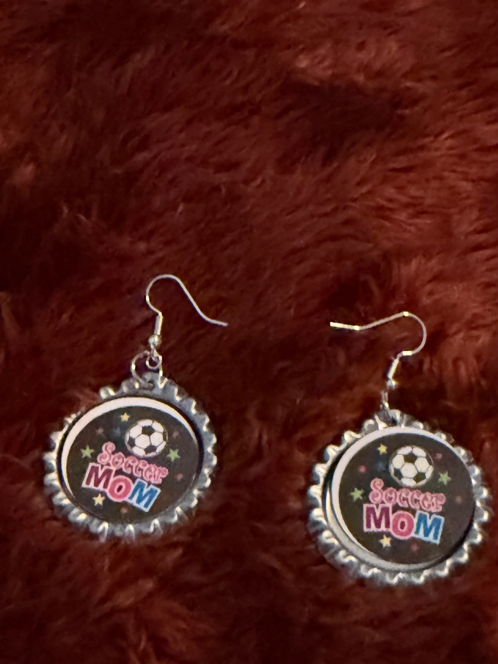 Soccer Mom Bottle Cap Dangle Earrings - Black and Pink